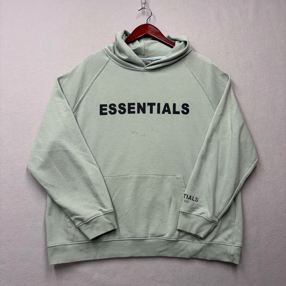 Essentials Fear of God Hoodie Men Large Sage Green Graphic Pullover Y2K Stains